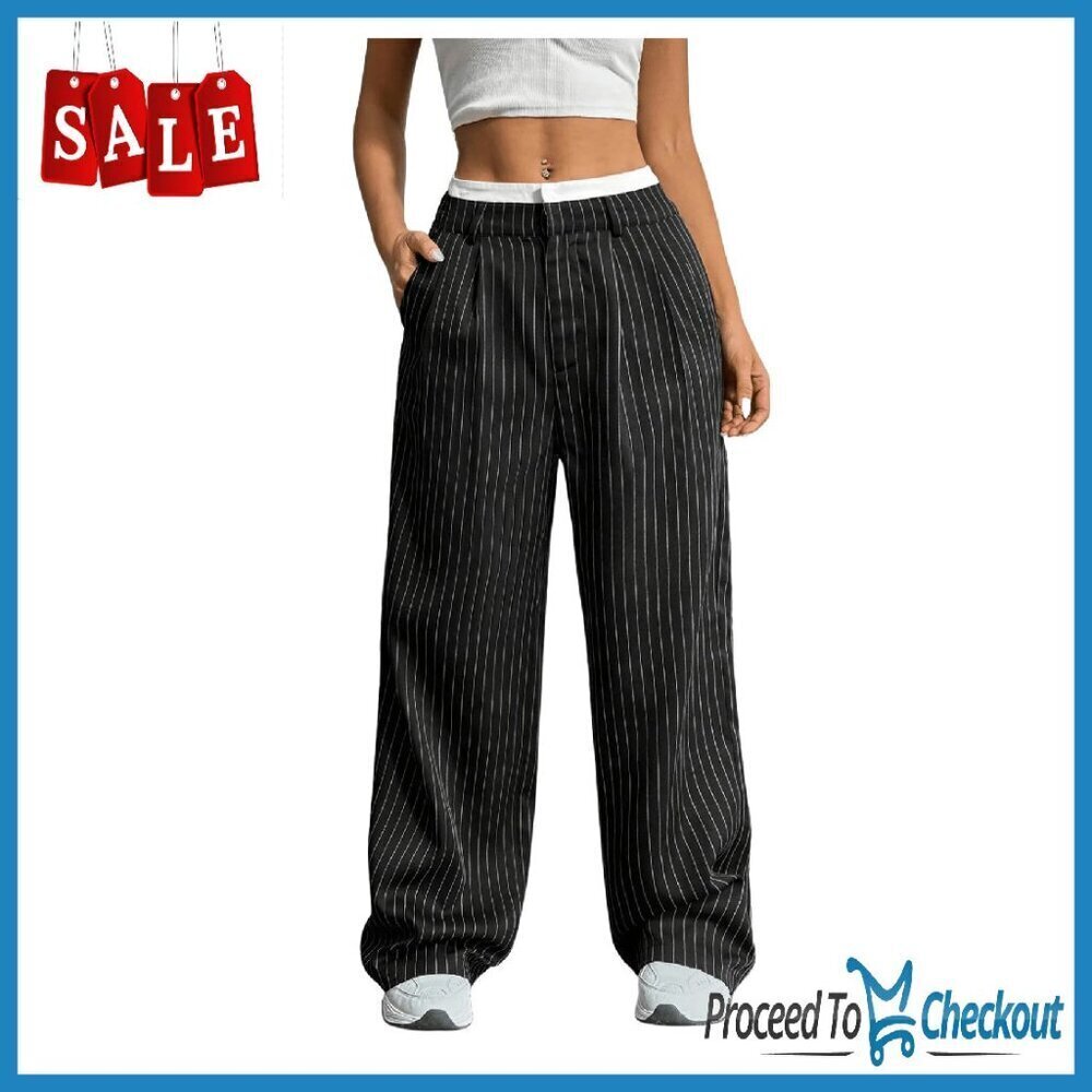 High Waisted Wide Leg Trousers, Striped Work Office Casual Pants